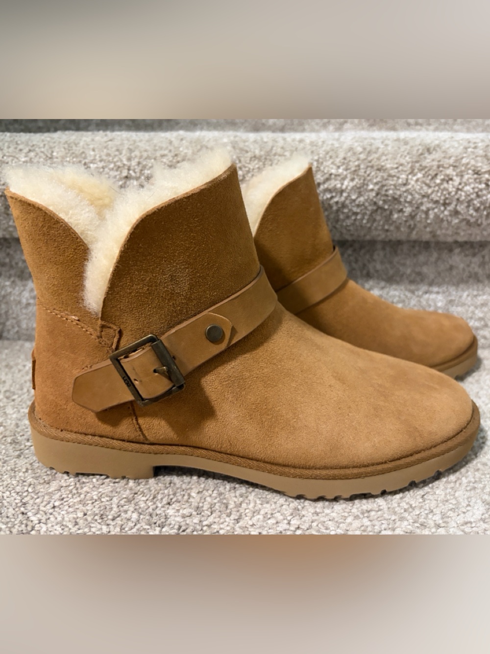 UGG Chestnut Suede Shearling Ankle Booties with Buckle